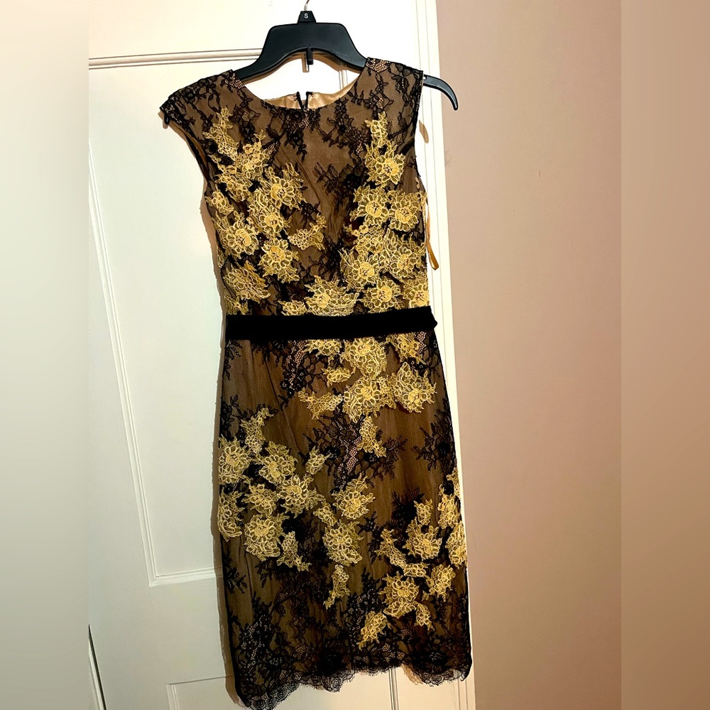 Stunning formal short dress with couture layered lace. black/gold/cream